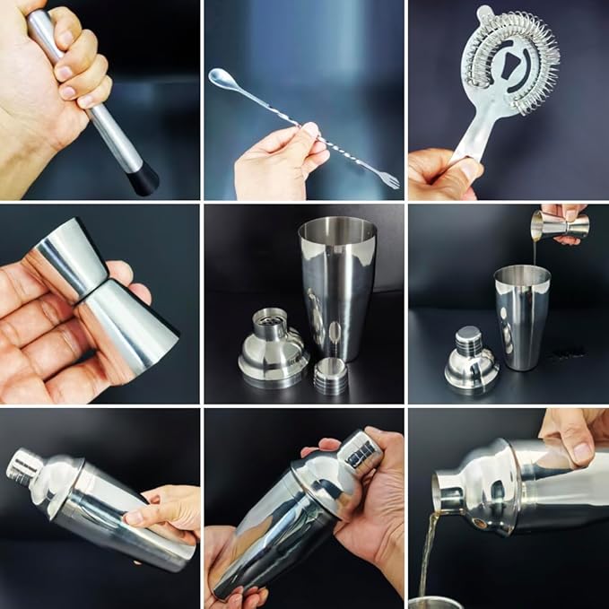 Cocktail Shaker Bartender Kit: 5 Piece Stainless Steel Bar Set, Cocktail Shaker Set with Stand, Drink Mixing Kit Includes Shaker,Strainer,Jigger, Bar Mixer Spoon, Muddler ﻿(750ml(25oz))