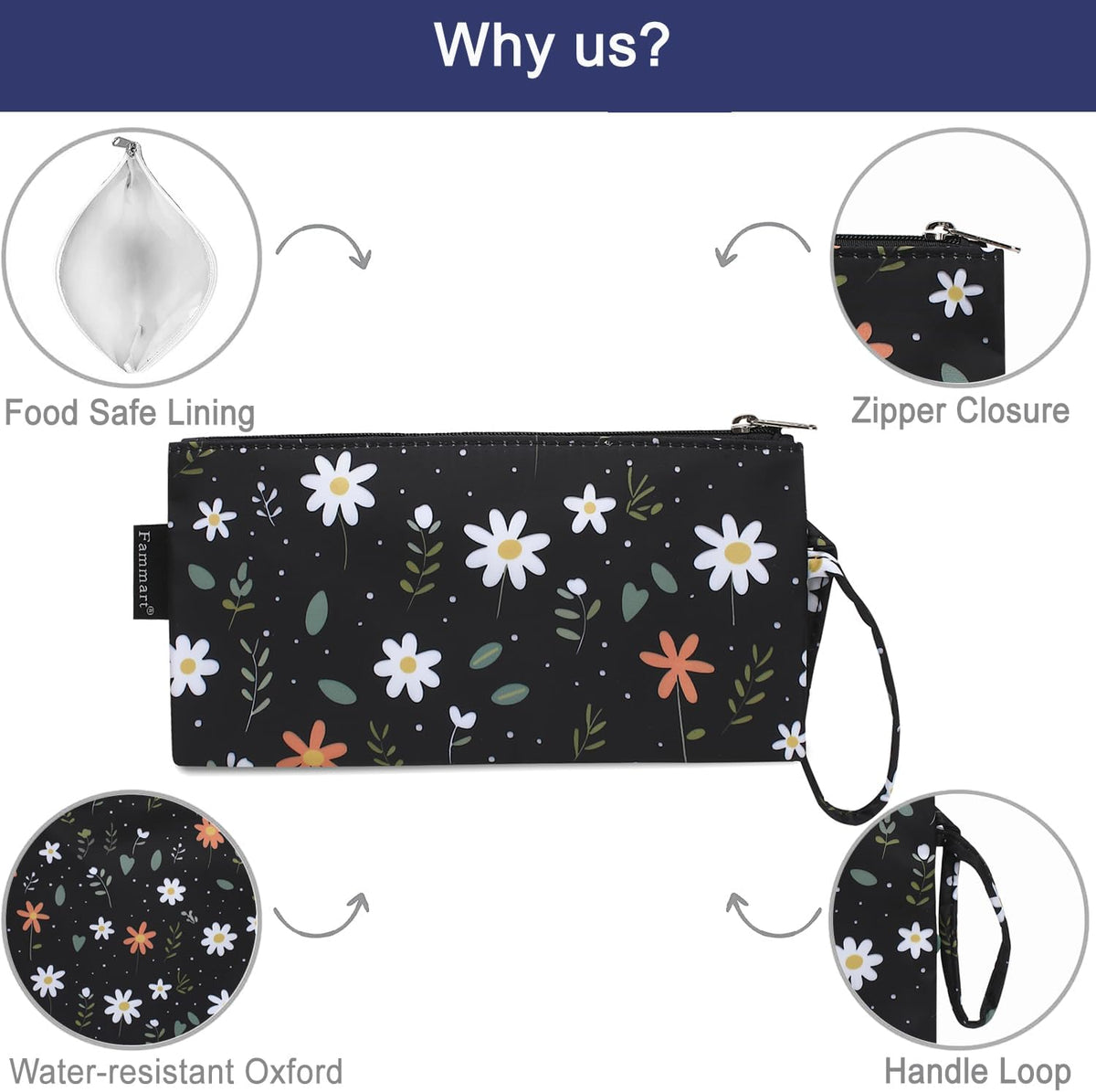 Reusable Sandwich Bag/Snack Bag for Kids & Adults, Dual Layer Lunch Bag with Handle, Washable, Food Safe, BPA Free (2-Pack, Daisy)