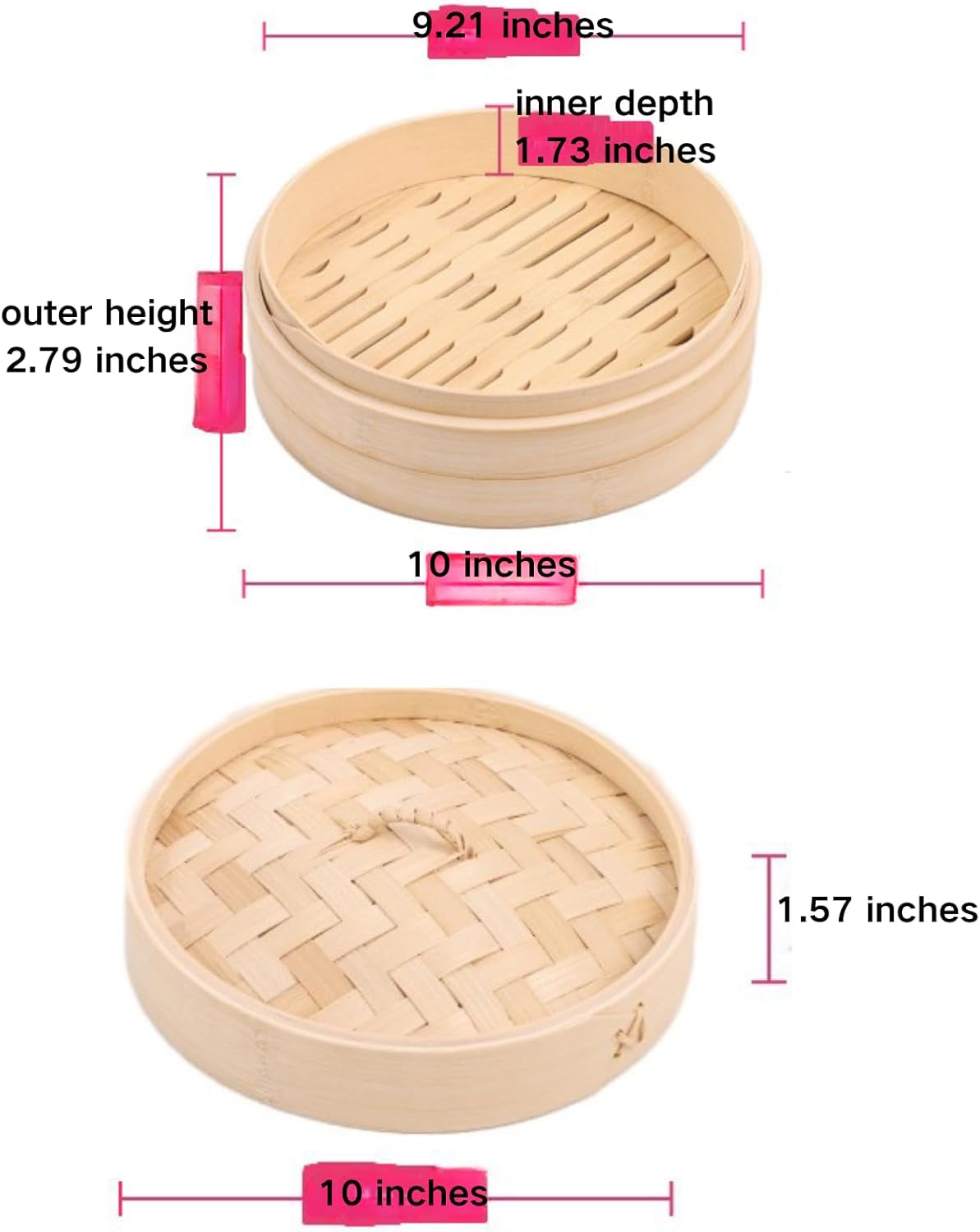 Bamboo Steamer Set - 10 Inch Dumpling Steamer Basket with Lid & 7-Piece Kit - Natural Steam Basket for Pots Stovetop Cooking