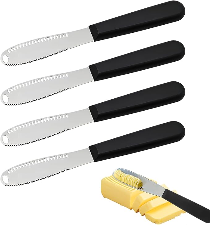 4 Pcs Butter Knife Spreader with Holes, 3 in 1 butter knife, butter curler knife, Butter Grater with Ergonomic Handle, stainless steel butter spreader for Butter, Cheese, Jam