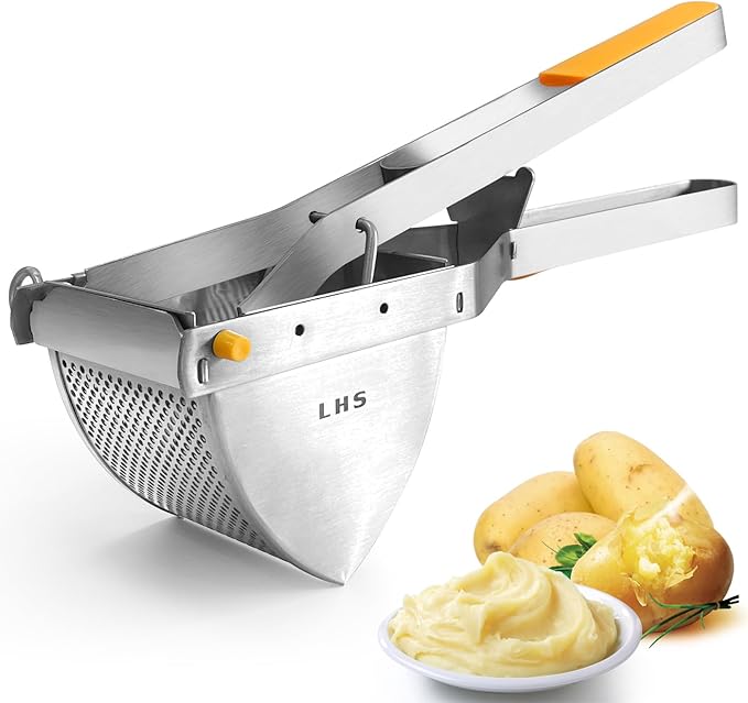 LHS Stainless Steel Potato Ricer and Masher, Heavy Duty Commercial Food Masher, Ergonomic Comfort Grip, Extra Large Capacity, Dishwasher Safe (Orange)