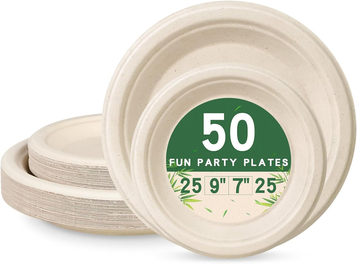 50 Compostable Paper Plates, Includes 25-9" & 25-7" Heavy Duty Disposable Plates, Biodegradable Sugarcane Bagasse, Nature