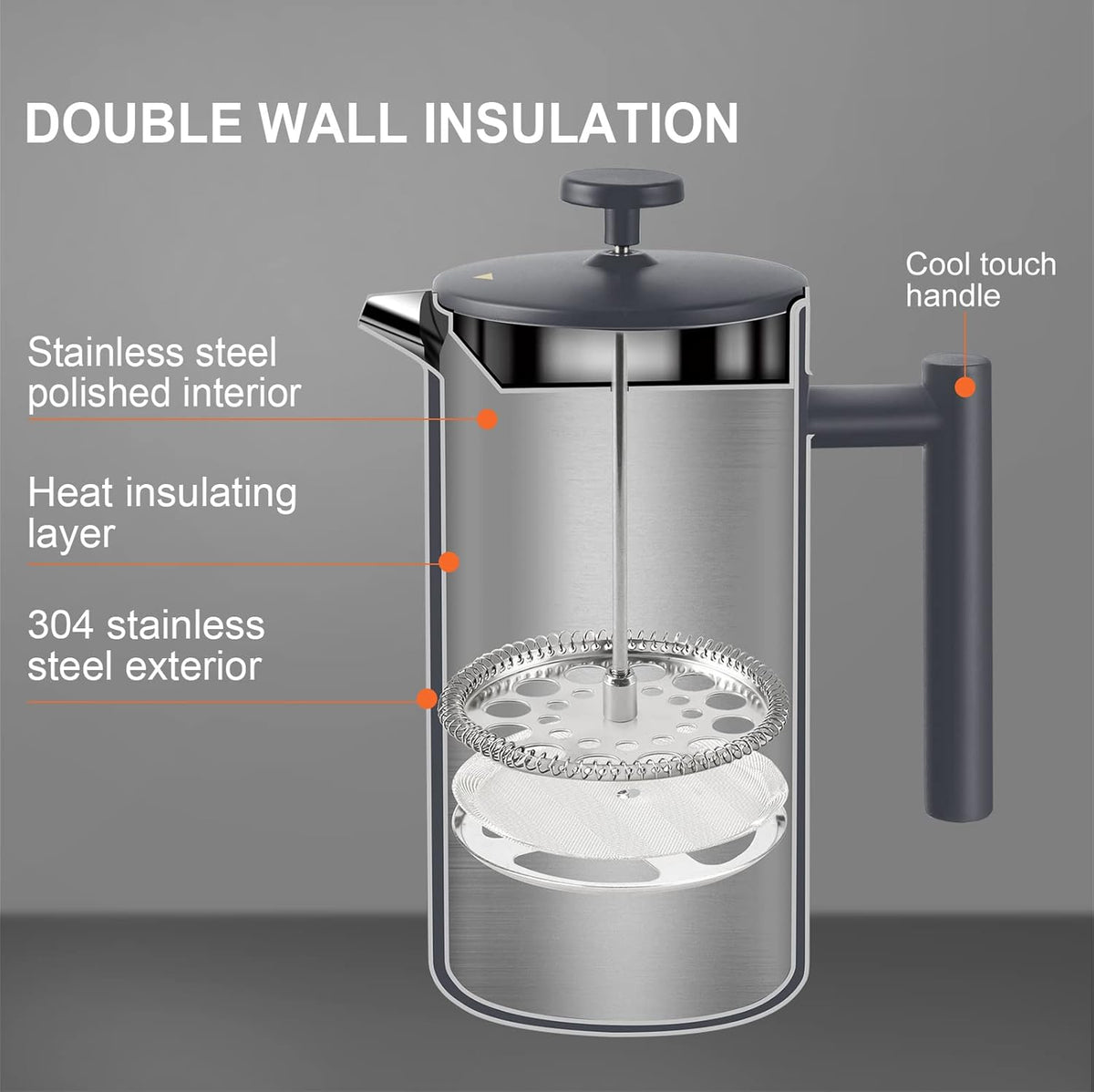 Secura French Press Coffee Maker, 304 Grade Stainless Steel Insulated Coffee Press with 2 Extra Screens, 34oz (1L), Grey