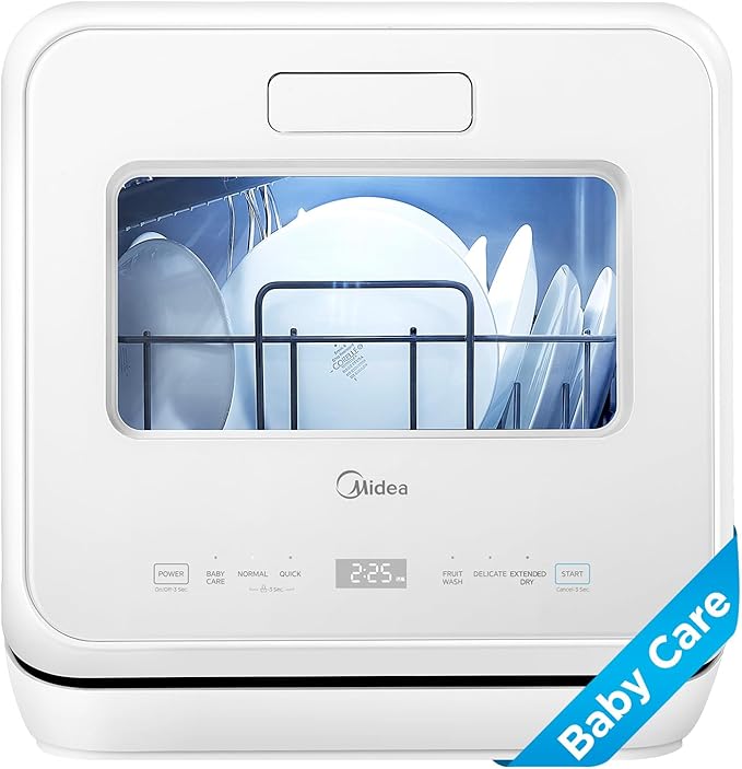 Midea MDC17P4CWW Portable Countertop Mini 1.32Gal Built-in Water Tank, Baby Care, No Hookup Needed, 360° Dual Spray,High-Temp wash, Dishwasher for Apartments& RVs, White, Whole