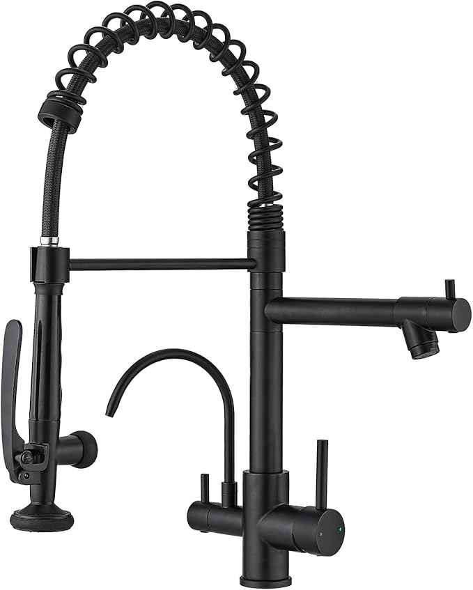 Fapully Commercial 3 Way Kitchen Faucets with Pull Down Sprayer and Water Filler,3 in 1 Kitchen Sink Faucet with Drinking Water Faucet Matte Black