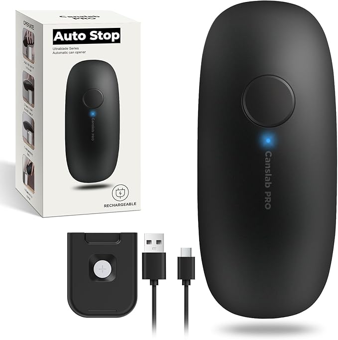 Canslab Ultrablade PRO Auto Stop Can Opener - Rechargeable Electric Can Opener for Kitchen for Seniors with Arthritis - One Touch Side Cut Opener, Smooth Edge, Handfree, Wall Mounted Small Size, Black