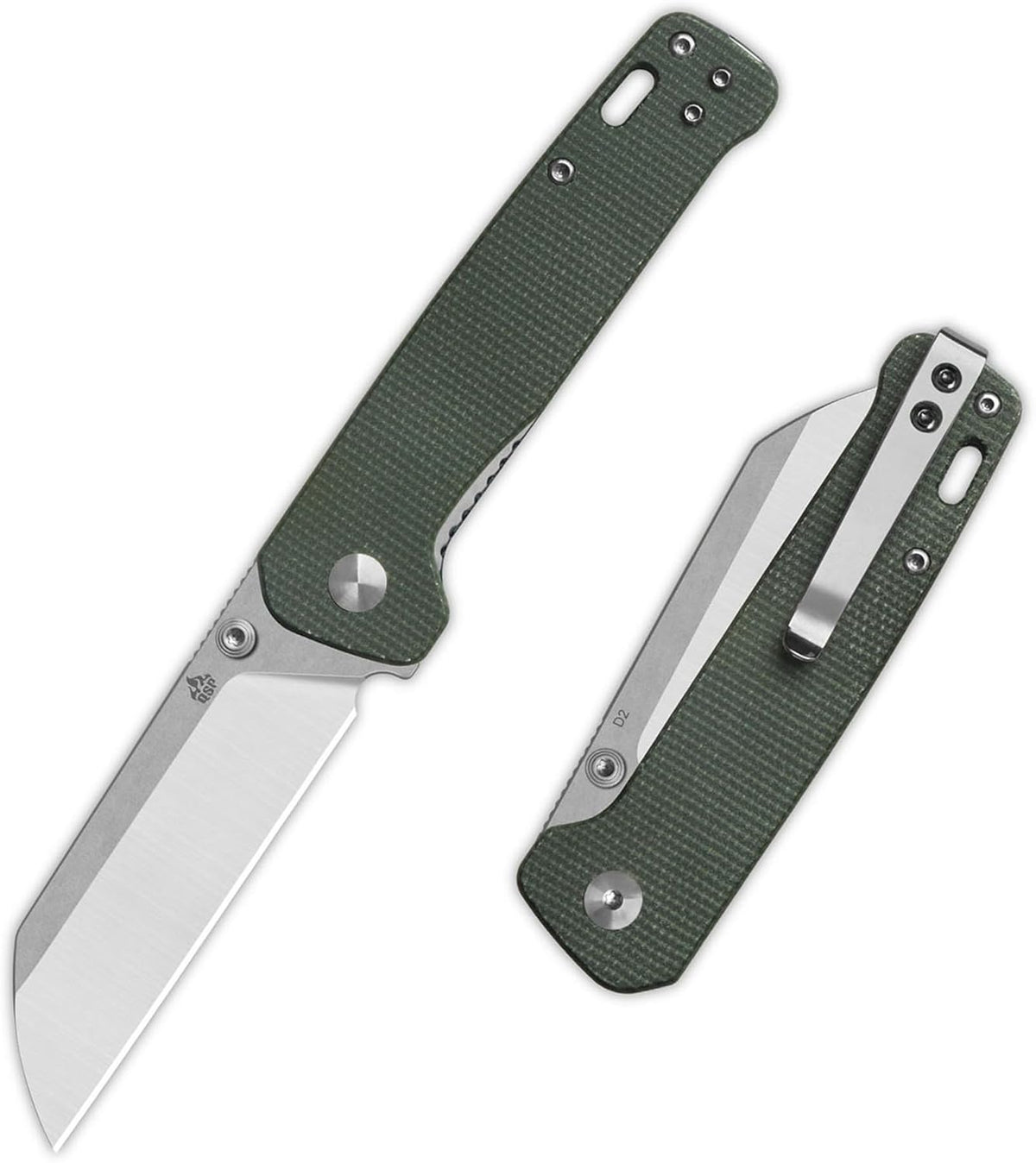 QSP Penguin V2 Folding Pocket Knife, 3.06" D2 Two Tone Finish Stonewash Satin Blade EDC Knife, Green Micarta Handle, Liner Lock, Ceramic Ball Bearings, Reversible SS Deep Carry Clip