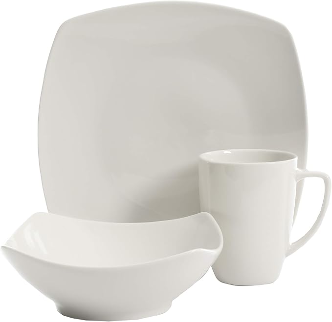 Gibson Home Amelia Court Porcelain Chip and Scratch Resistant Dinnerware set, Service for 4 (12pcs), White (Soft Square)