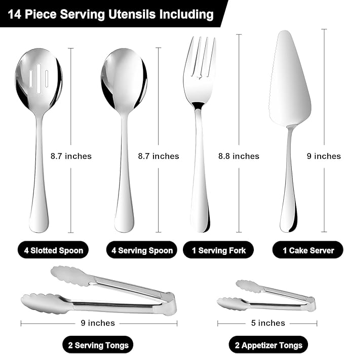 14PCS Serving Utensils - Hostess Serving Utensils Set, Premium Stainless Steel 8.7 inch Serving Utensils, Slotted Spoons, Fork, Tongs, Cake Pie Server for Buffet, Wedding, Dinner (Silver)