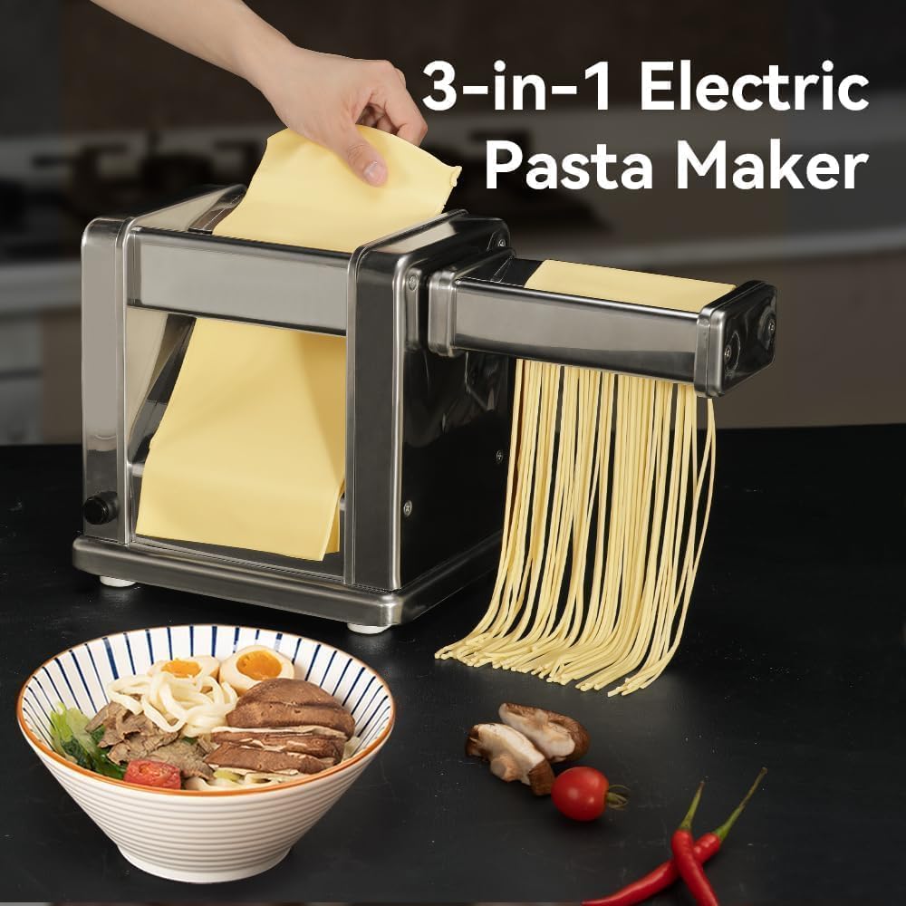 Electric Pasta Maker Stainless Steel Noodle Machine with Roller & Cutter Adjustable 7 Thickness & 2 Width for Spaghetti, Fettuccini, Lasagna, Pie Crust, Dumpling, Wonton