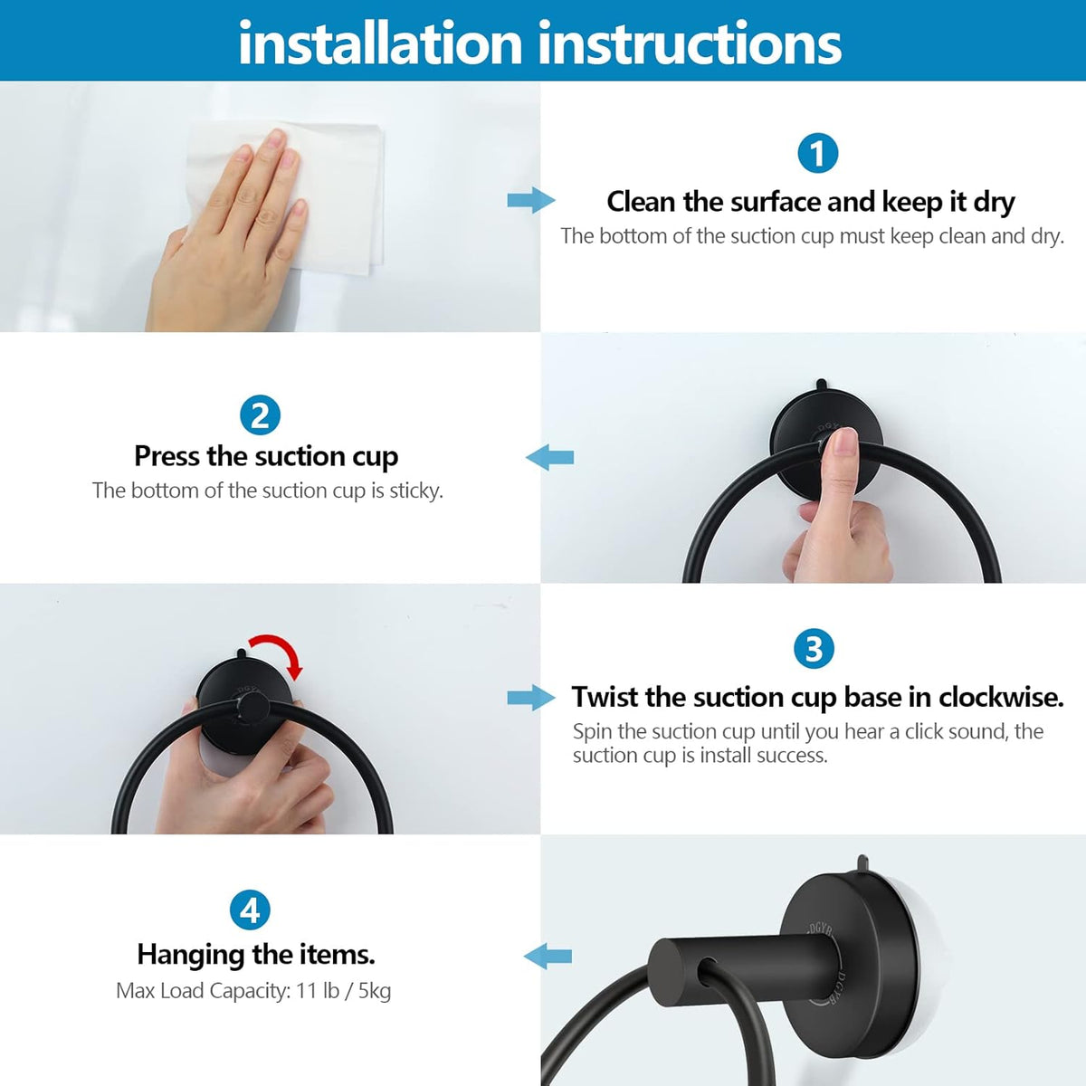 DGYB Suction Cup Towel Ring Matte Black Hand Towel Holder for Bathroom Wall SUS 304 Stainless Steel Kitchen Towel Hanger