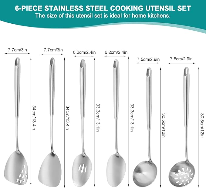 6Pcs Stainless Steel Kitchen Utensils Set – Cooking Utensils Set Stainless Steel, Metal Cooking Utensils with Wok Spatula, Serving Spoons,Ladle Set– Durable Cooking Supplies for Home and Camping