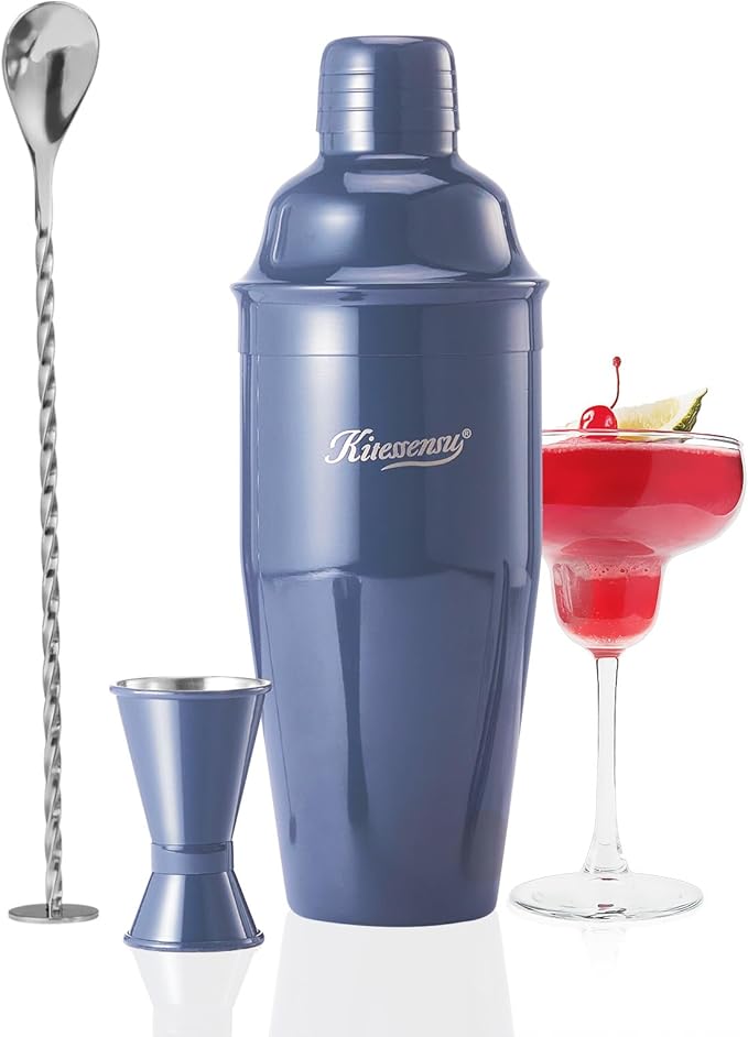 KITESSENSU Cocktail Shaker Set, Stainless Steel Martini Shaker with Bartender Strainer, Measuring Jigger, Bar Mixing Spoon, Cocktail Recipe Included, Navy