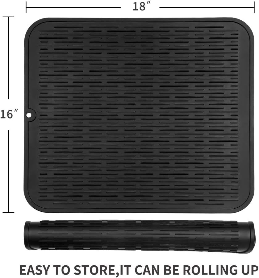 Silicone Dish Drying Mat for Multiple Usage,Easy clean,Eco-friendly,Heat-resistant Silicone Mat for Kitchen Counter or Sink,Refrigerator or Drawer Liner Black XL 18 inches x 16 inches