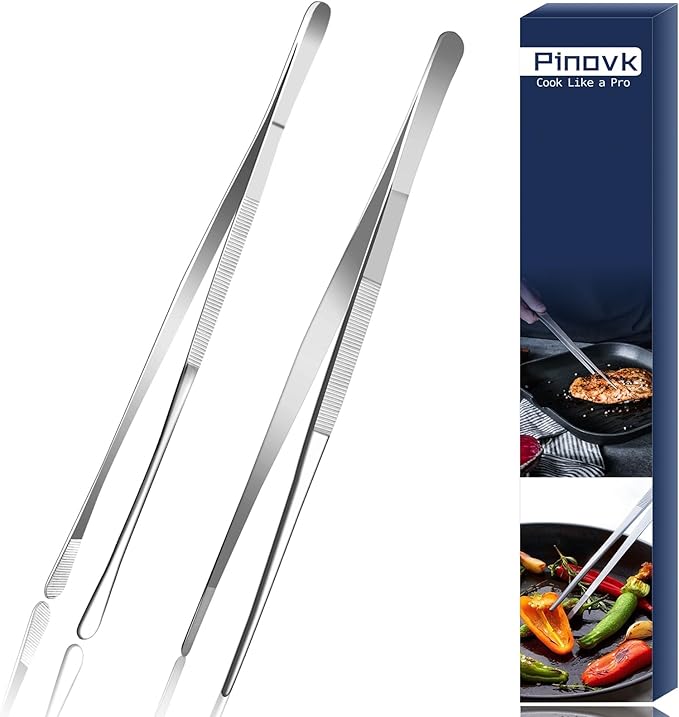 Kitchen Tweezers Tongs, Cooking Tweezers Stainless Steel - 12-inch Ideal for Grilling Meat, BBQ, Pasta, Plating, and Pinching Delicate Small Pieces of Food, Set of 2