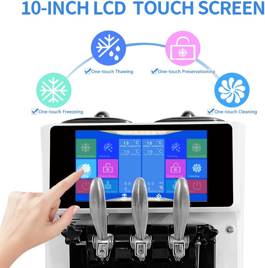 Commercial Ice Cream Maker Machine, 10 Inch LCD Touch Screen Dual System Independent Operation, 6.8 to 8.4 Gal/H Soft Serve Ice Cream Machine With Pre-cooling Frequency Conversion