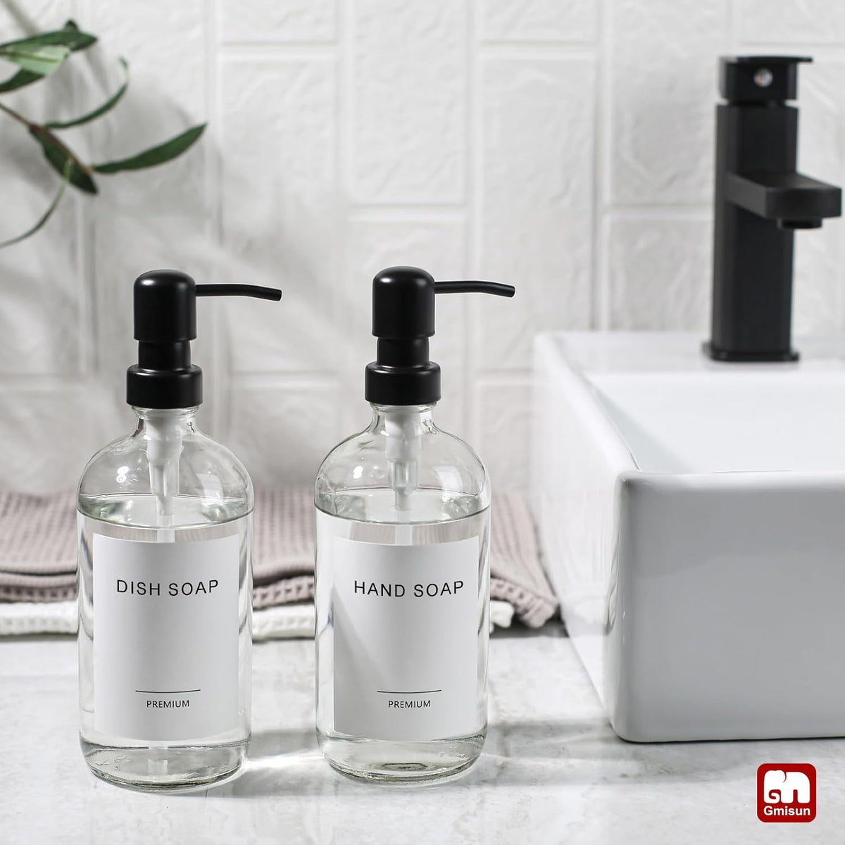 GMISUN Glass Soap Dispenser with Pump, 2 Pack Clear Bathroom Hand Soap Dispenser with Stainless Steel Pump, 16 Oz Refillable Kitchen Hand and Dish Soap Dispensers Set, Modern Liquid Pump Bottles