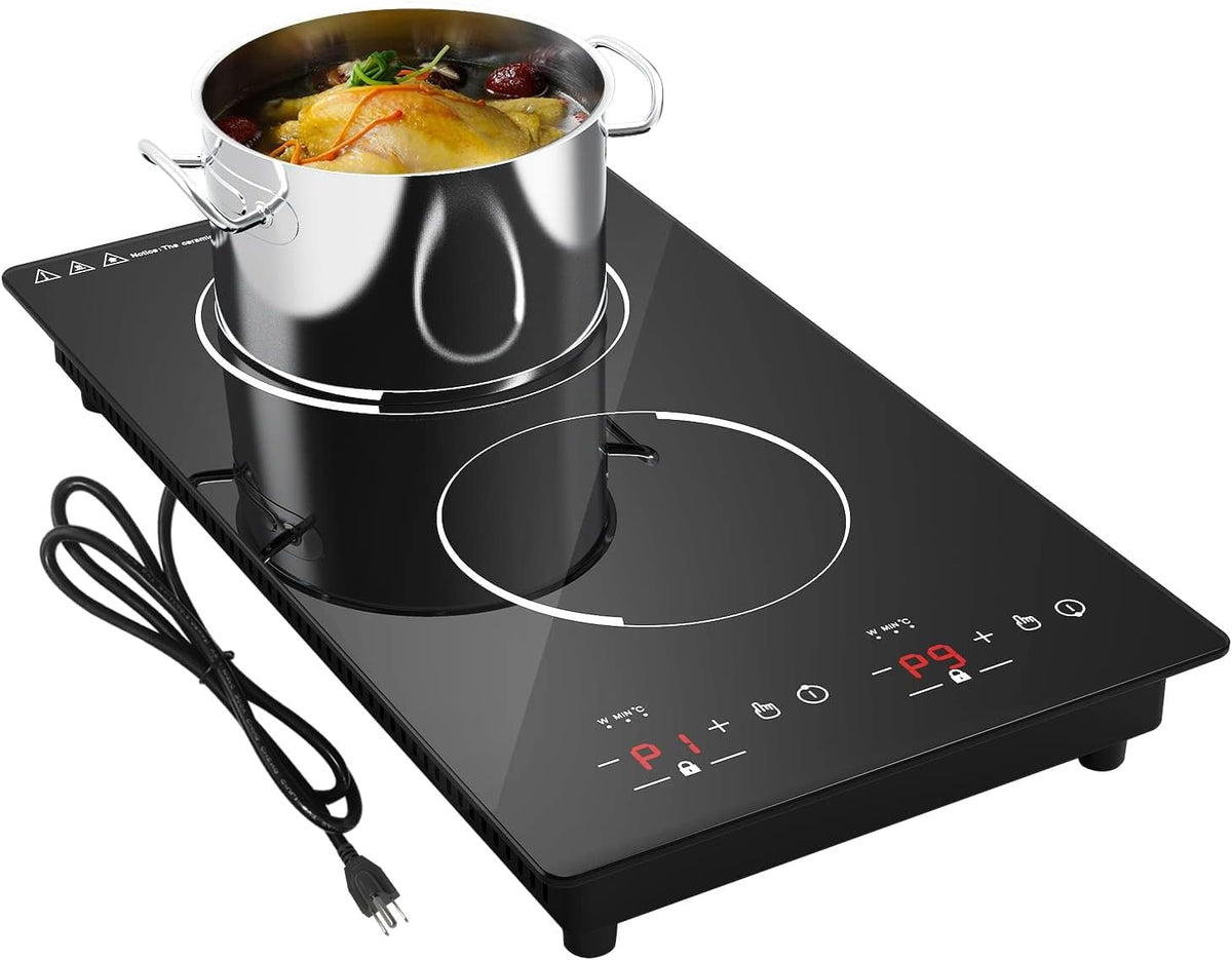 12“ Induction Cooktop, Double Induction Cooktop 2 Burner 110v-120v Electric Stove Top, Countertop and Built-in, 9 Power Levels, Child Lock, 120 Mins Timer