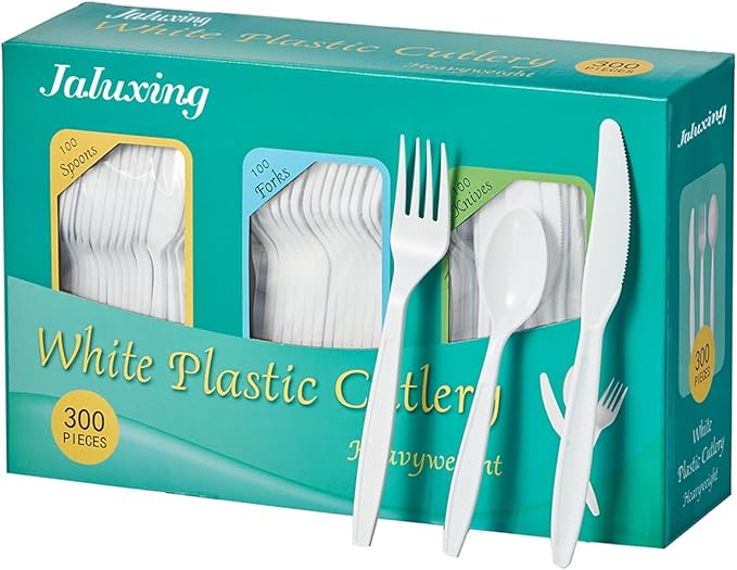 White Plastic Forks Spoons Knives Heavyweight Utensils Disposable Silverware Heavy Duty Cutlery Set [300 Combo Box]