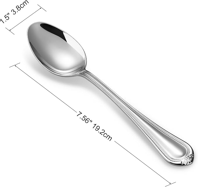 KEAWELL Pearl Edge 4-Piece Premium Spoon Set, 18/10 Stainless Steel, Fine Silverware Spoons with Refined Bead Design, Brightly Polished, Dishwasher Safe (Silver, 7.56" Dinner Spoons)