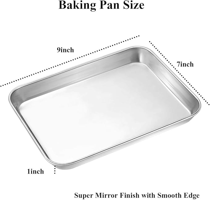 Wildone Baking Sheet Set of 2 - Stainless Steel Cookie Sheet Baking Pan, Size 9 x 7 x 1 inch, Non Toxic & Heavy Duty & Mirror Finish & Rust Free & Easy Clean