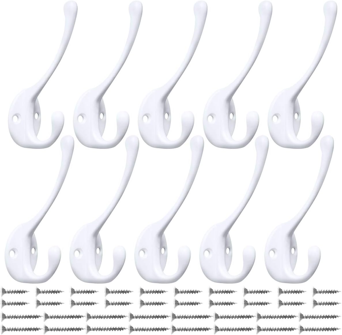 10 Pack Heavy Duty Dual Coat Hooks Wall Mounted with 20 Screws Retro Double Hooks Utility Black Hooks for Coat, Scarf, Bag, Towel, Key, Cap, Cup, Hat (White)