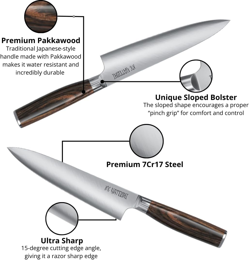 Yatoshi Chef Knife - Ultra Sharp High Carbon Stainless Steel, Hidden Tang with Pakkawood Handles