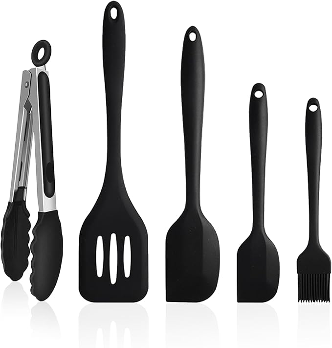 NileHome 4 Pack Silicone Spatula and Grilling Tongs Kitchen Utensils with Silicone Brush Heat Resistant BPA-free Rubber Spatula for Scraping, Baking, Cooking, Mixing-Black