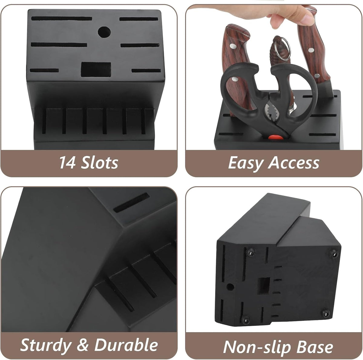 Wood Kitchen Knife Block, Universal Kitchen Knife Holder Kitchen Knife Storage Rack 14 Slots Knife Holder (Black)