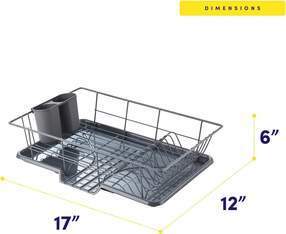 Sweet Home Collection Space-Saving 3-Piece Dish Drainer Rack Set: Efficient Kitchen Organizer for Quick Drying and Storage - Includes Cutlery Holder and Drainboard - Maximize Countertop Space, Gray
