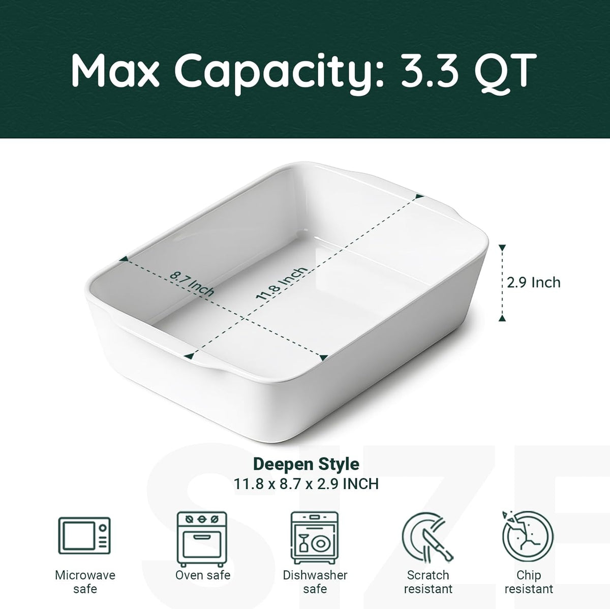3.3 QT Ceramic Baking Dish, White Casserole Dish,Lasagna Pan for Oven, Bakeware for Baking, Kitchen Decor, Microwave Oven Safe, Dinner Party (8.7" x 11.8")