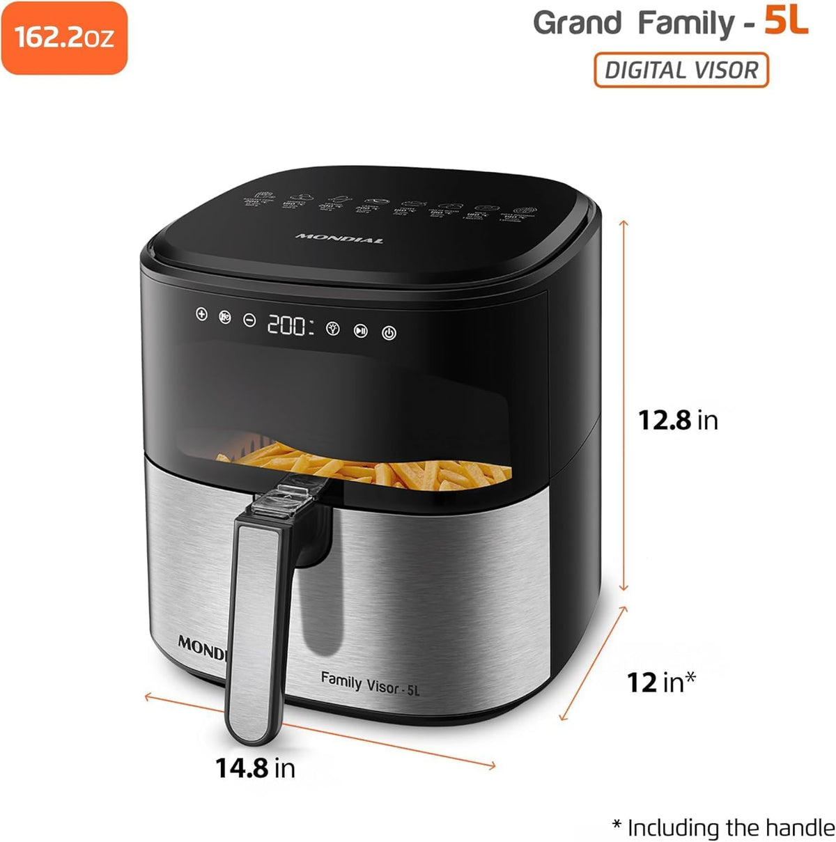 Air Fryer Digital Visor Inox 5.3QT Capacity - High Power & Elegant Stainless Steel Finish - Black & Inox