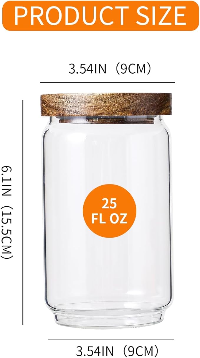25 OZ Glass Jars 6 Pack with 112 Labels, Clear Glass Storage Containers Food Canisters with Wood Lids