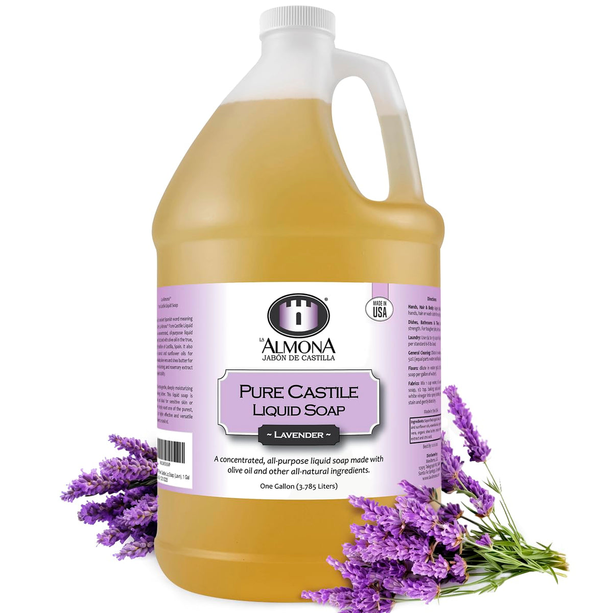 Pure Castile Liquid Soap, LAVENDER, 1 Gallon - Multipurpose: Hands, Face, Body, Laundry, Dishes & More - For Sensitive Skin, All-Natural Ingredients, Scented with Essential Oils