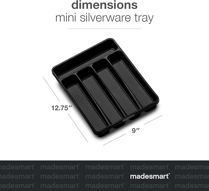 madesmart Classic Mini Silverware Tray Soft Grip, Non-Slip Kitchen Drawer, Multi-Purpose Home Organization, BPA Free, 5 Compartments, Carbon