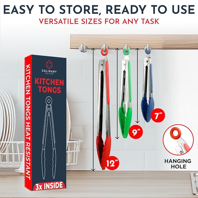 Kitchen Tongs for Cooking with Silicone Tips, Heat Resistant Tongs for Serving Food, 7-Inch, 9-Inch, 12-Inch Locking Silicone Tong, Set of 3 Salad Tong, Mulitcolor Kitchen Utensils