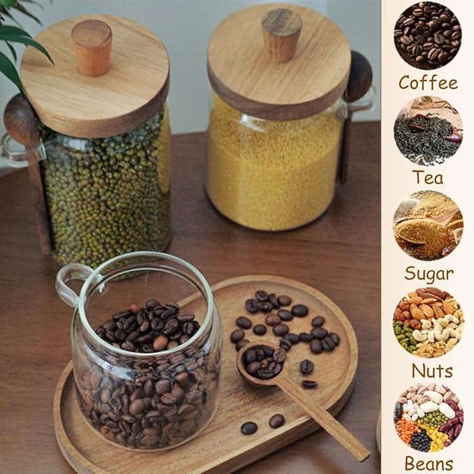 ANSQU Set of 2 Glass Food Storage Jars with Bamboo Wood Lid and Spoon, 27oz Glass Kitchen Canisters for Coffee, Tea, Cereal, Spice and Canning, Mason Jars (27oz-2pack)