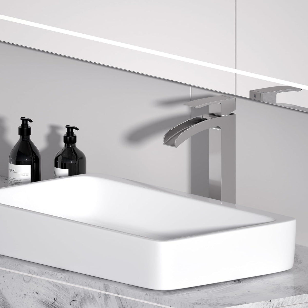 Bathroom Faucet Tall Vessel Waterfall Faucet Brushed Nickel Deck Mount Single Handle Lavatory with Water Supply Line