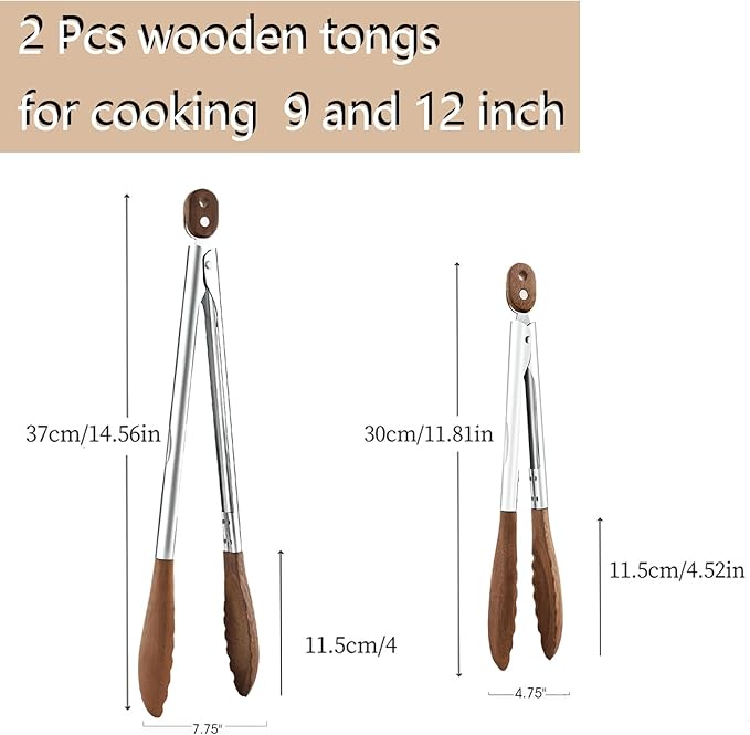 Wooden Tongs for Cooking Heat Resistant 2 Pcs 9 Inch 12 Inch Wooden Salad Tongs with Wood Tip for Serving Food Walnut Wood Kitchen Utensils for Toaster Home Chefs Gift Suitable for Non-stick Cookware