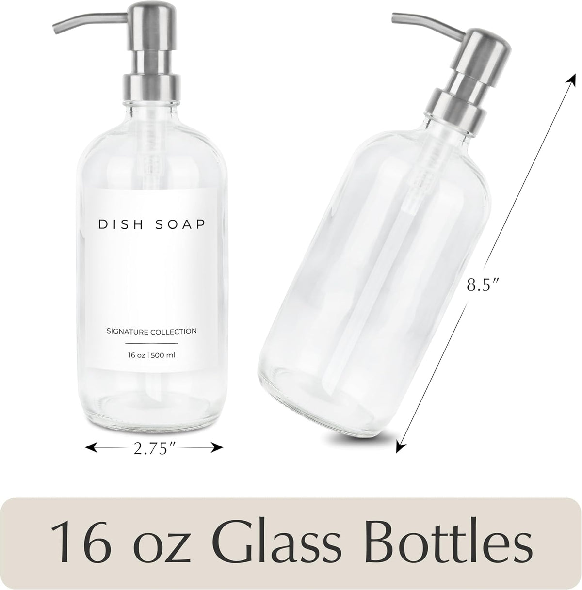 Emerson Essentials Soap Dispenser for Kitchen, Dish Dispenser for Kitchen, Bathroom Hands Set, Glass Bottles with Pump and Labels - 16 Oz, 2 Pack
