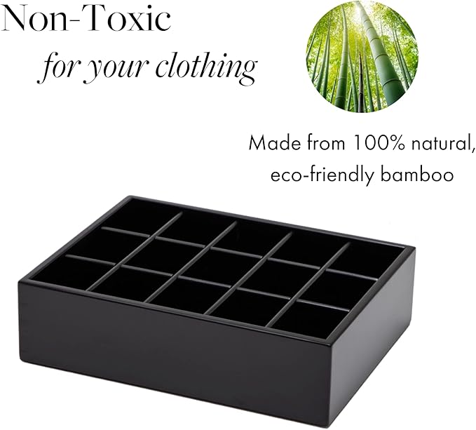 GOBAM Bamboo Closet Drawer Organizer, 15 Compartments - Drawer Divider & Storage Box for Ties, Bras, Briefs, Socks & Jewelry - Storage Organizer for Dressing Room & Bedroom - Black