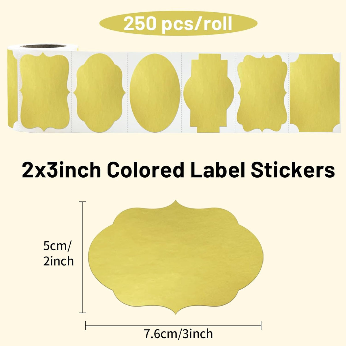 Gold Labels - 250 PCS 3" x 2" Fancy Shape Stickers for Storage Box or Food Jars