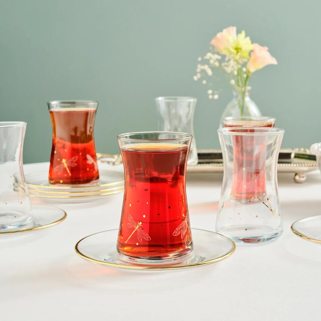 KARACA Yusufcuk Glass Elegant Tea Glass Set of 6 - (12 Piece) Clear Turkish Tea Cup Glasses and Saucers, 5.74 oz Curved Design Drinkware Cups