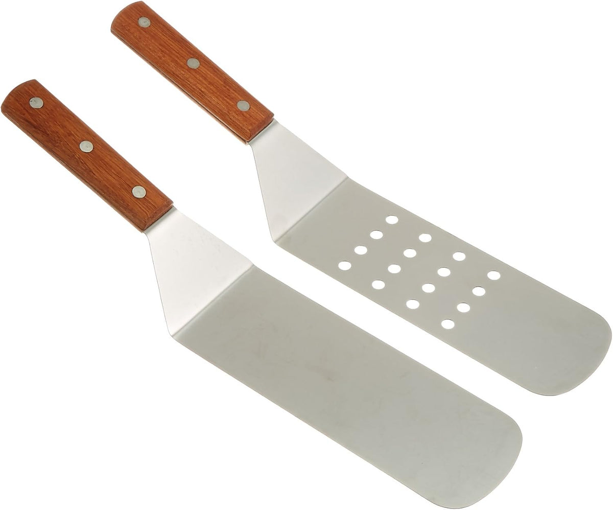 Grill, Dump Truck, Stainless Steel, Riveted Smooth Wooden Handle, Commercial Grade, a Perforated Solid Spatula, 2-piece Set