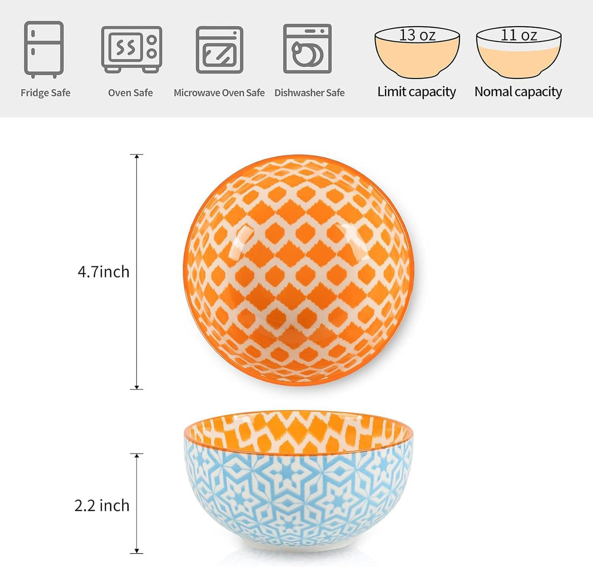 Selamica Ceramic 12 OZ Dessert Bowls Set, Ice Cream Bowls, 4.7 Inch Small Bowls for Ice Cream, Snack, Side Dishes, Microwave Dishwasher Safe, Set of 6