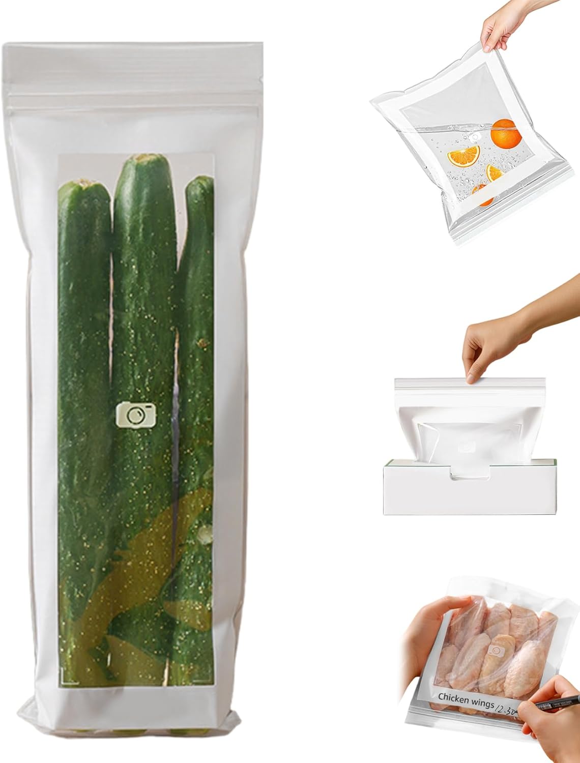 Reusable Freezer Bags 15PCS, Gallon Food Storage Bags with Stand & Label Leakproof Reusable Sandwich Bag for Kitchen, Vegetables, Snacks（Long style）