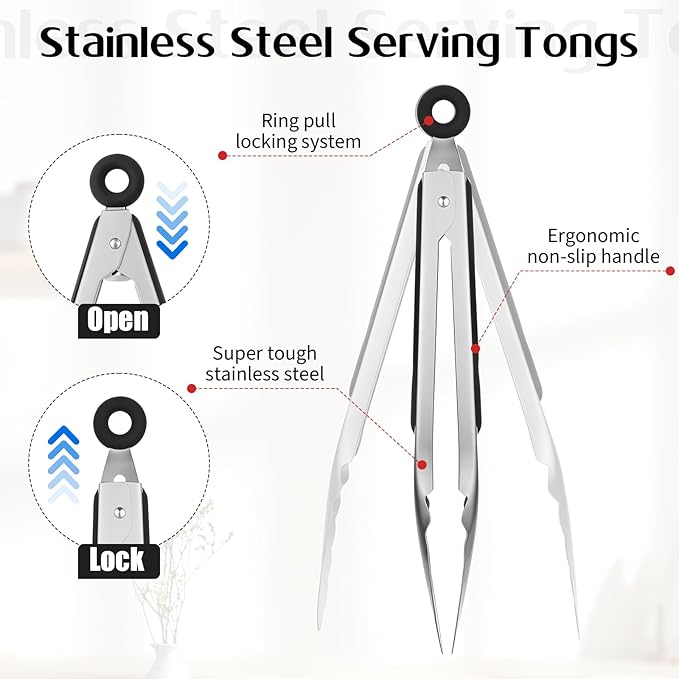 12 Pcs Stainless Steel Kitchen Tongs, 7/9/12 Inches Heat Resistant Cooking Tongs Heavy Duty Metal Locking Tong Non-Slip Metal Food Tong for Cooking Food Grill Salad BBQ