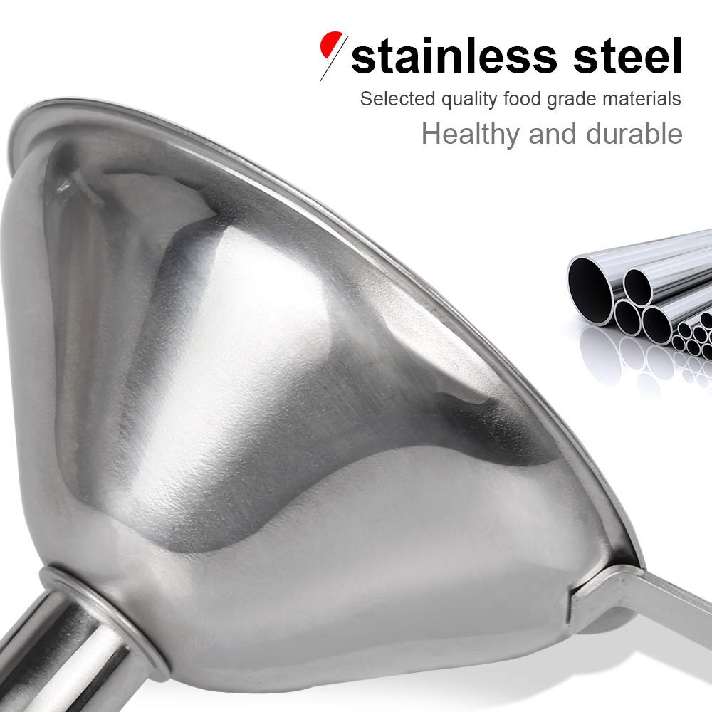 YGDZ Kitchen Funnel for Filling Bottles, 3pcs Metal Stainless Steel Small Mini Funnels for Essential Oils Liquid, Long Handle Funnel Set, 2pcs Cleaning Brushes