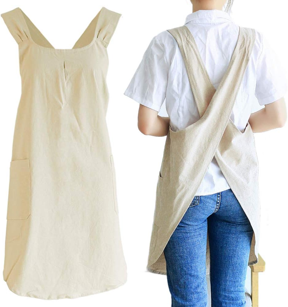 NEWGEM Japanese Linen Cross Back Cooking Aprons for Women Men with Pockets Cute for Baking Kitchen