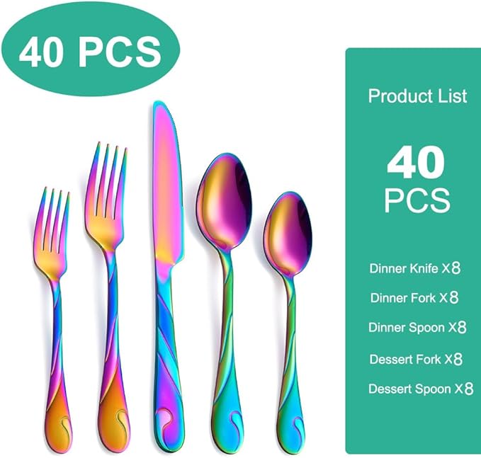 Rainbow Silverware Set for 8, 40-Piece Stainless Steel Flatware Set, Shiny Rainbow Metal Cutlery Set, Include Fork, Knife and Spoon Set, Dishwasher Safe